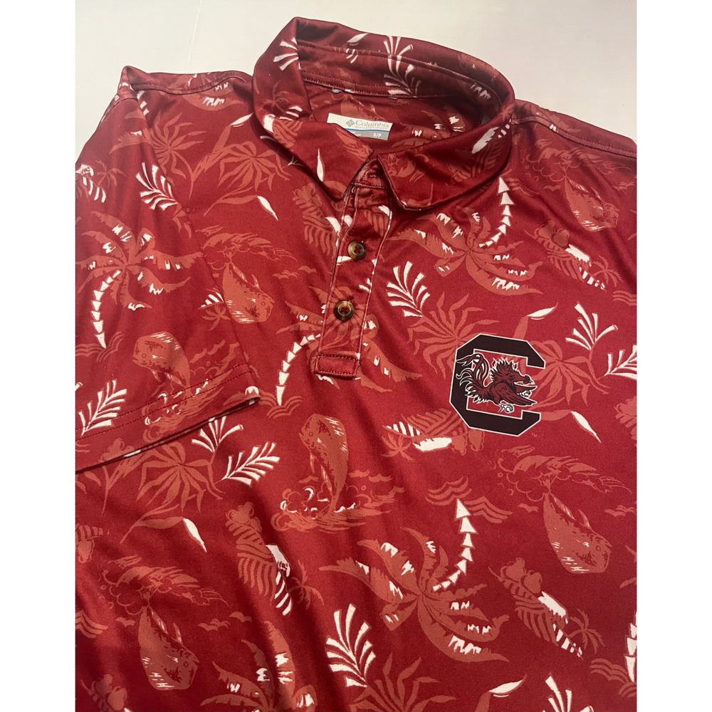 Columbia PFG Mens South Carolina Gamecocks Polo Shirt Garnet Red Tropical Small